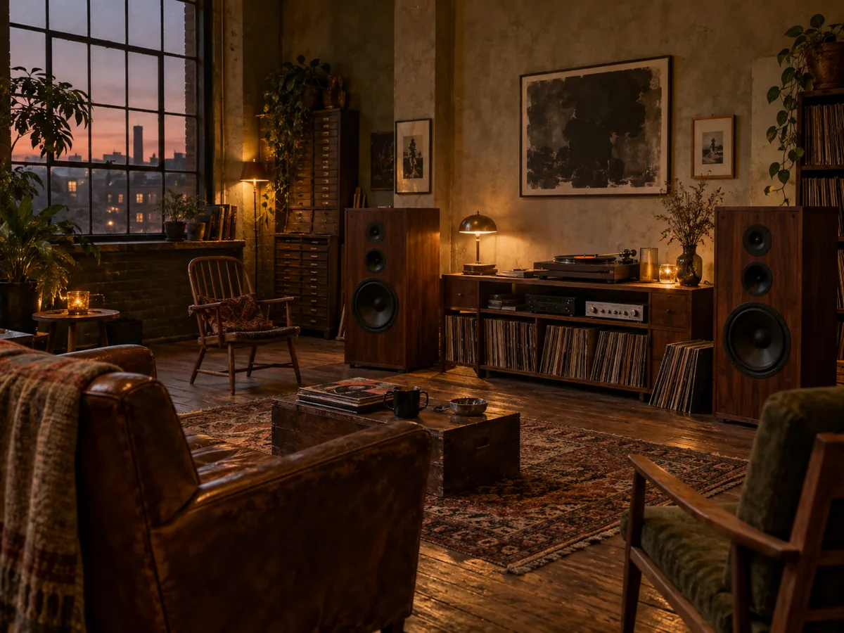 An imagined listening room at dusk, with walnut speakers, vinyl records and amber lamps