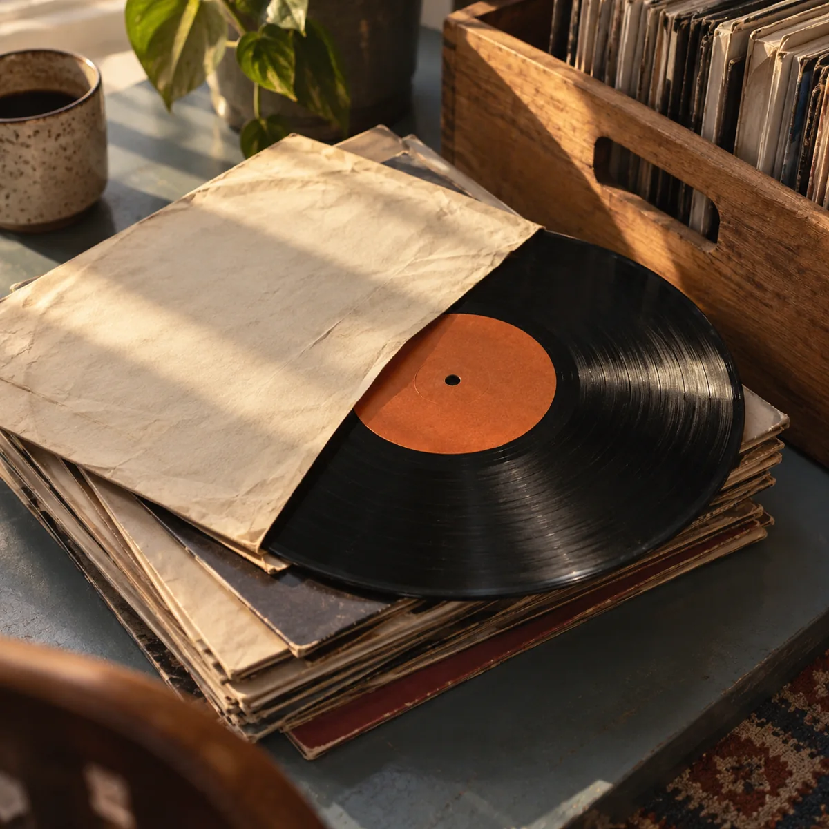 A well-loved vinyl record with an orange label, resting in a paper sleeve beside a record crate