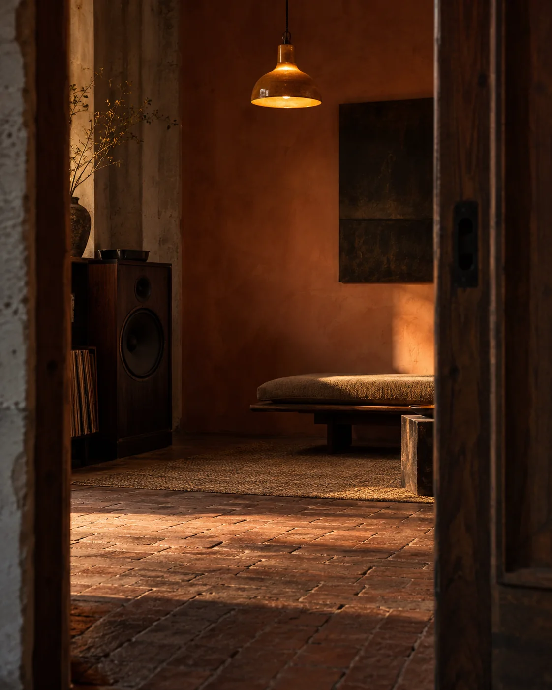Warm light spilling through a timber doorway into an imagined listening space